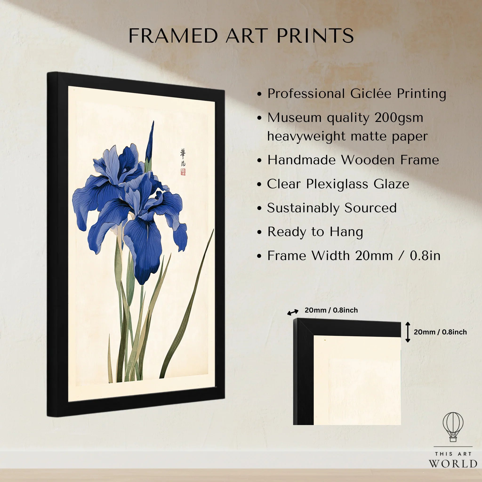 Japanese Iris Art Print – Vintage Japanese Flower Wall Art — framed print details measurements quality details