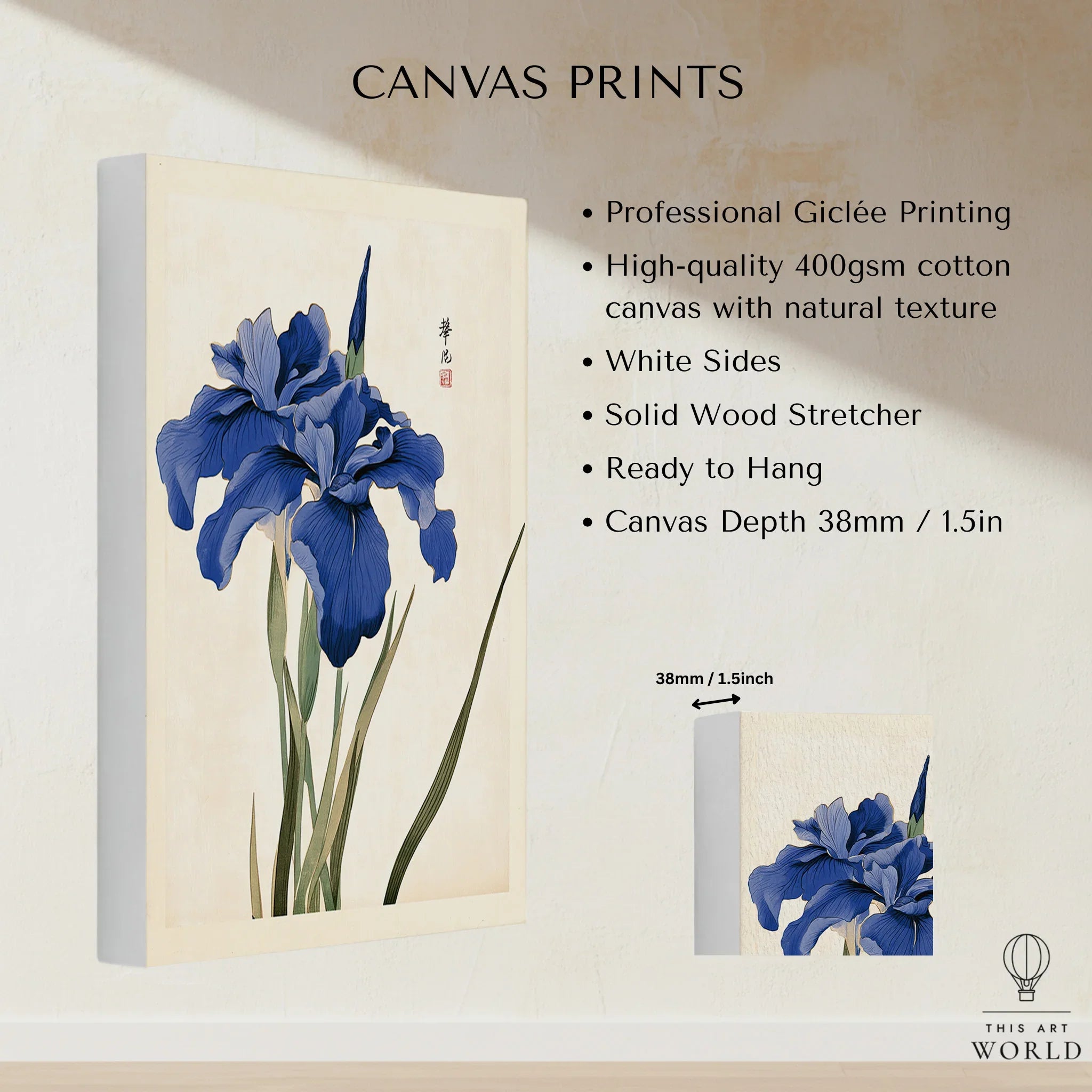 Japanese Iris Art Print – Vintage Japanese Flower Wall Art — canvas print stretched cotton canvas details