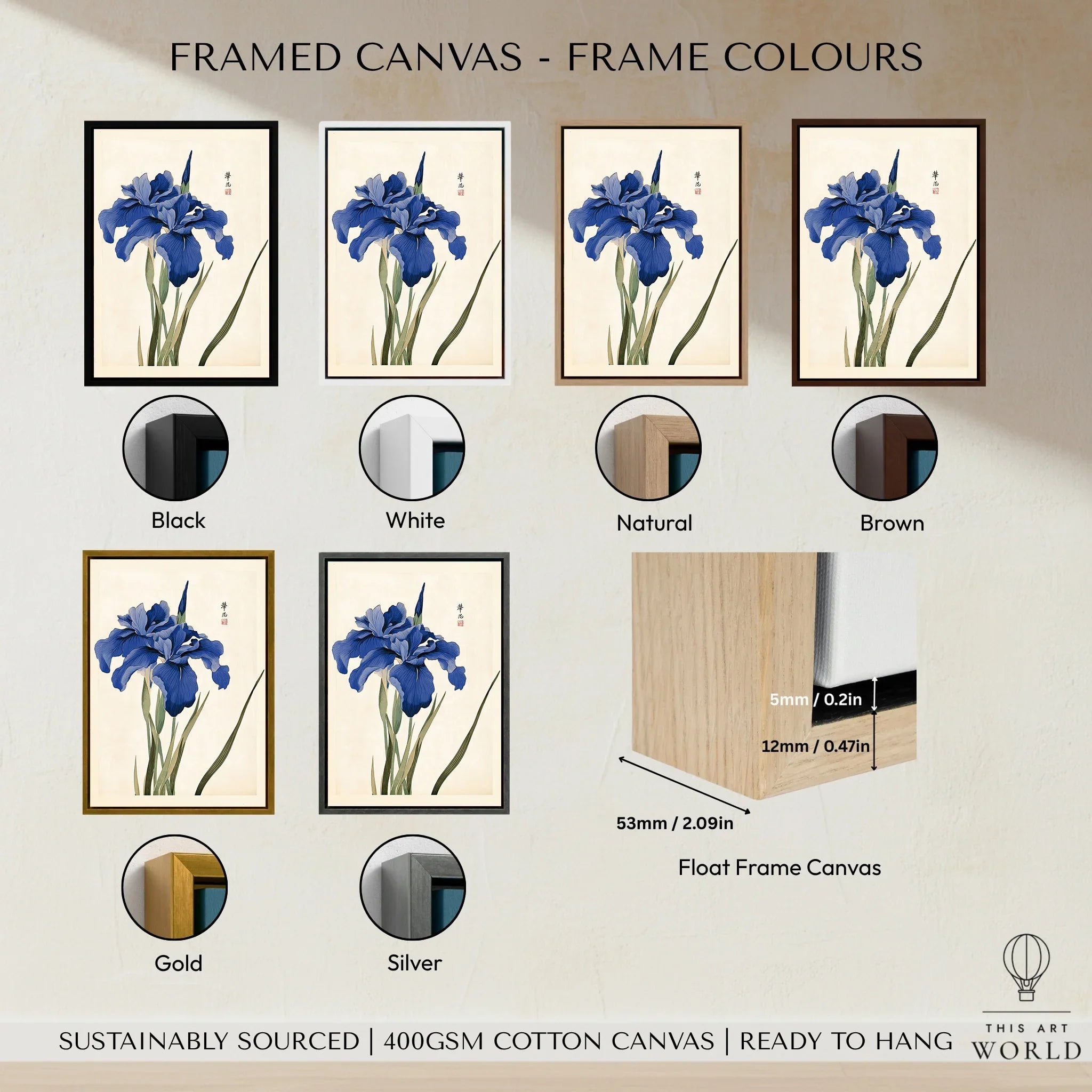 Japanese Iris Art Print – Vintage Japanese Flower Wall Art — framed canvas float frame colour options