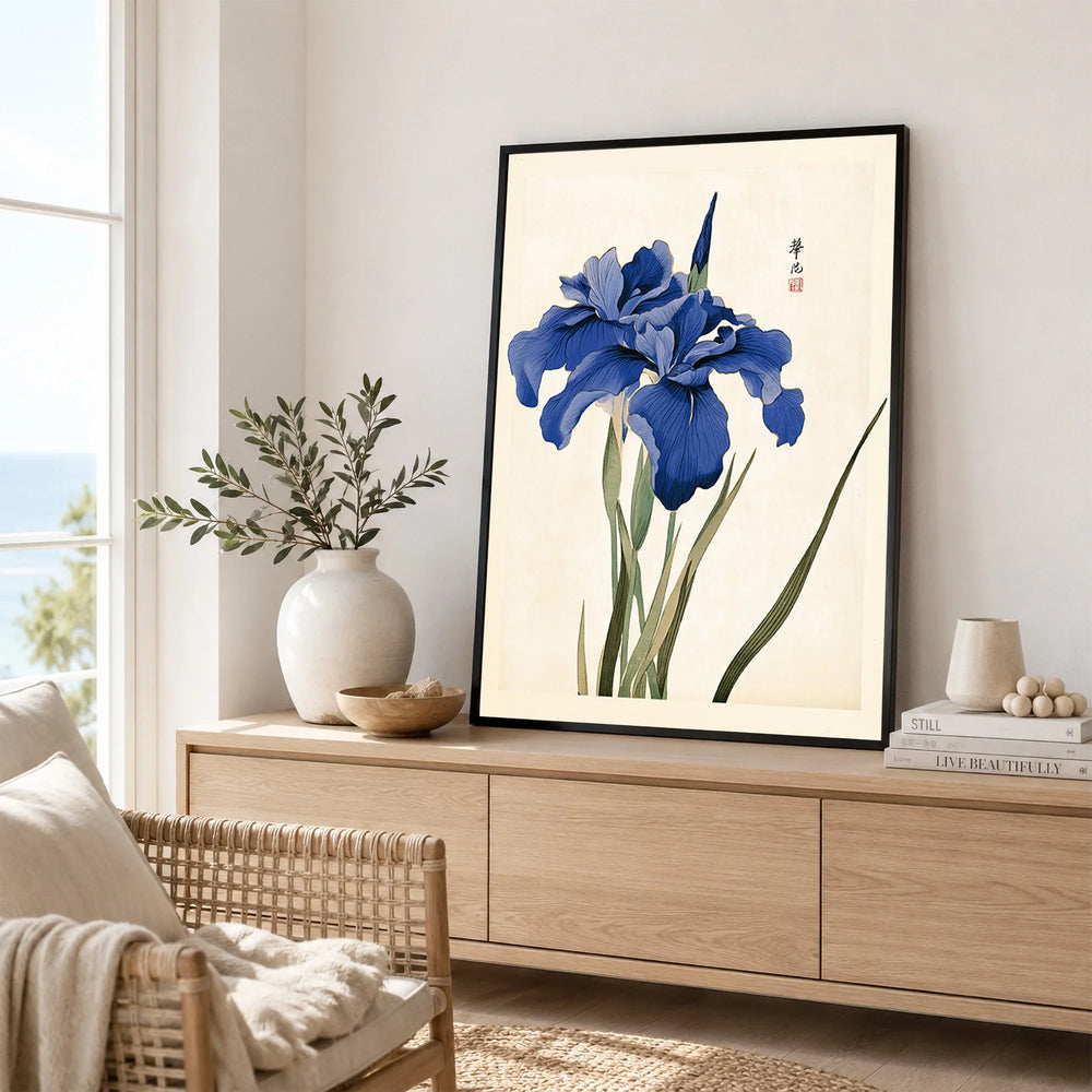 Japanese Iris Art Print – Vintage Japanese Flower Wall Art — framed artwork living room lifestyle setting