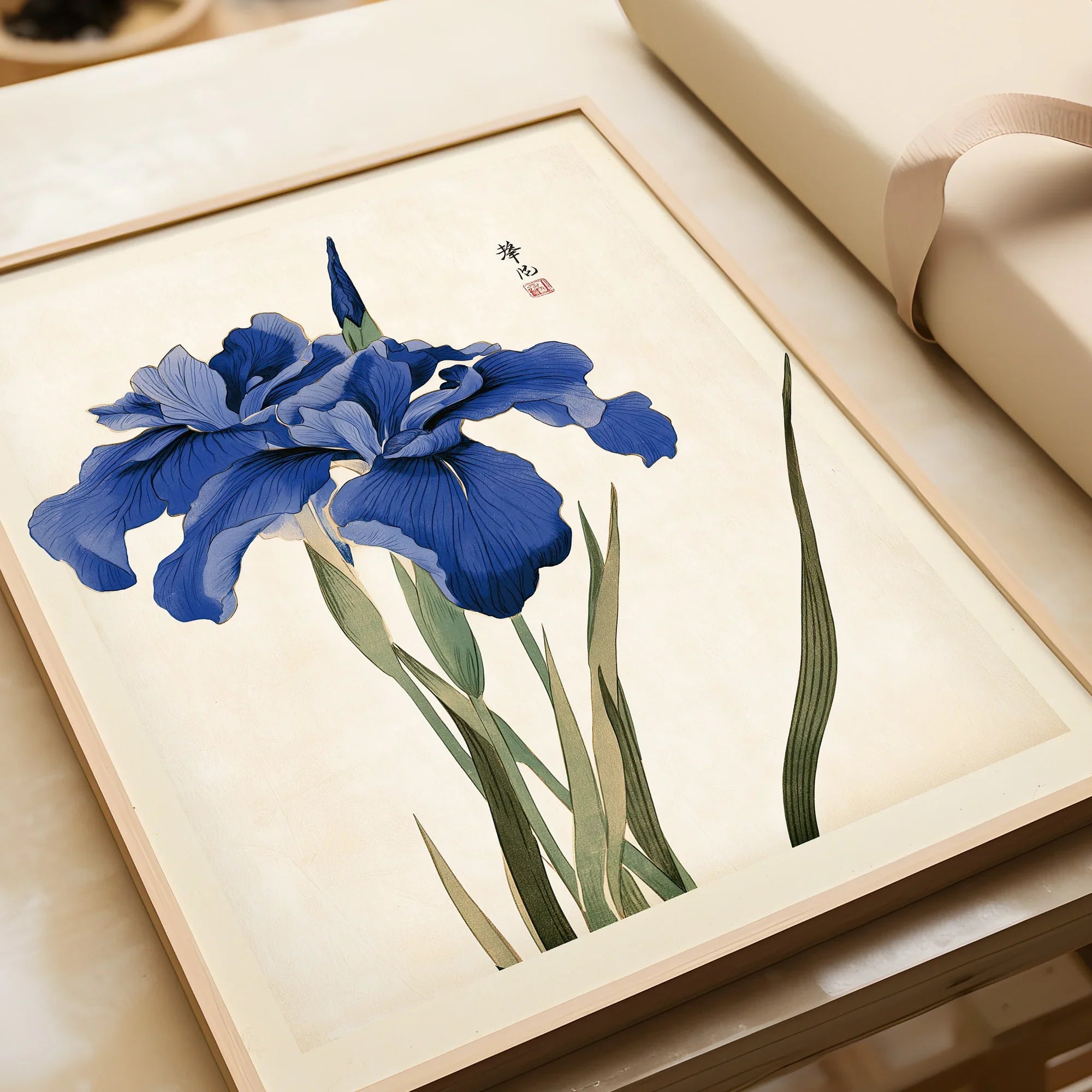 Japanese Iris Art Print – Vintage Japanese Flower Wall Art — framed art print closeup gift unwrapped natural frame