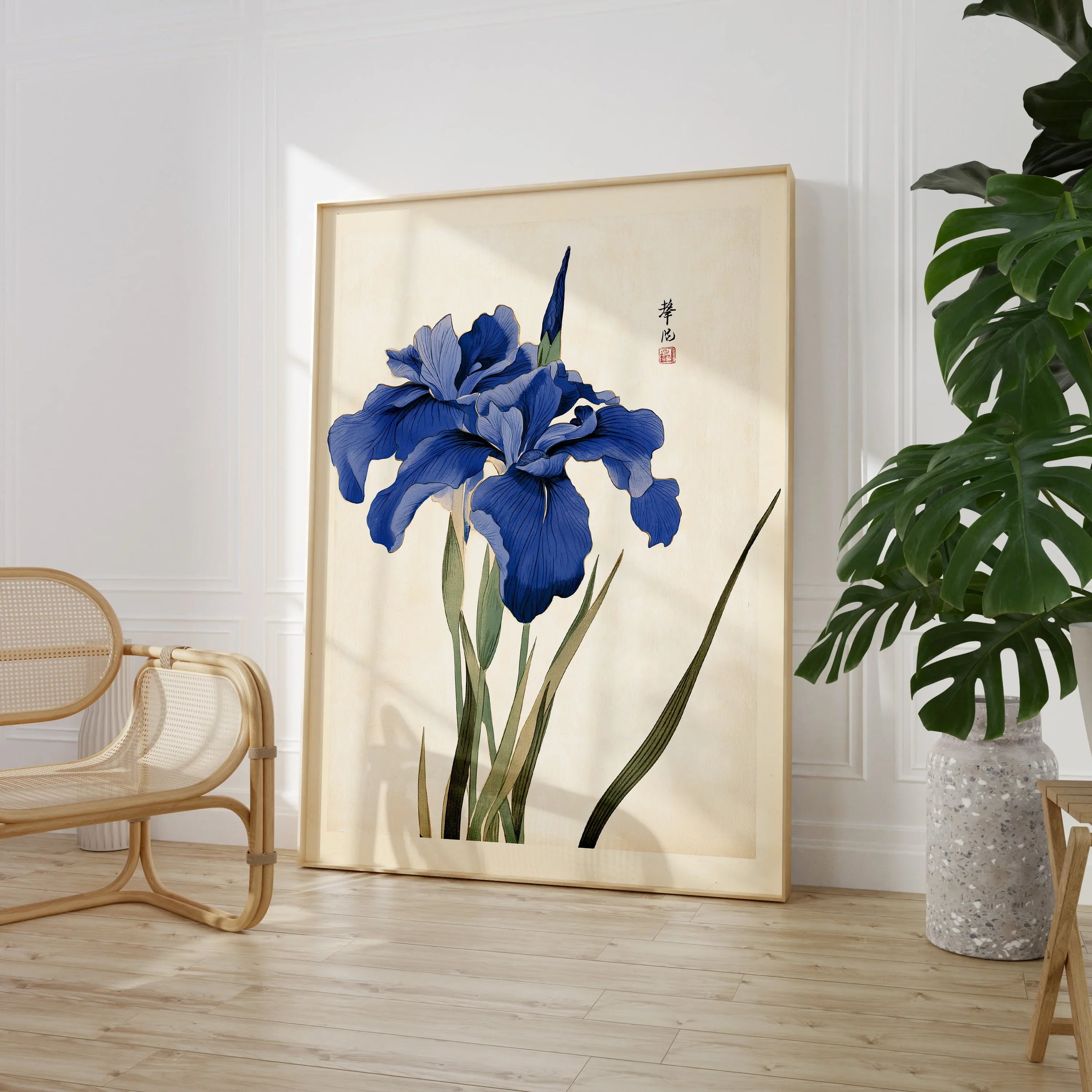 Japanese Iris Art Print – Vintage Japanese Flower Wall Art — large framed print room setting chair plant