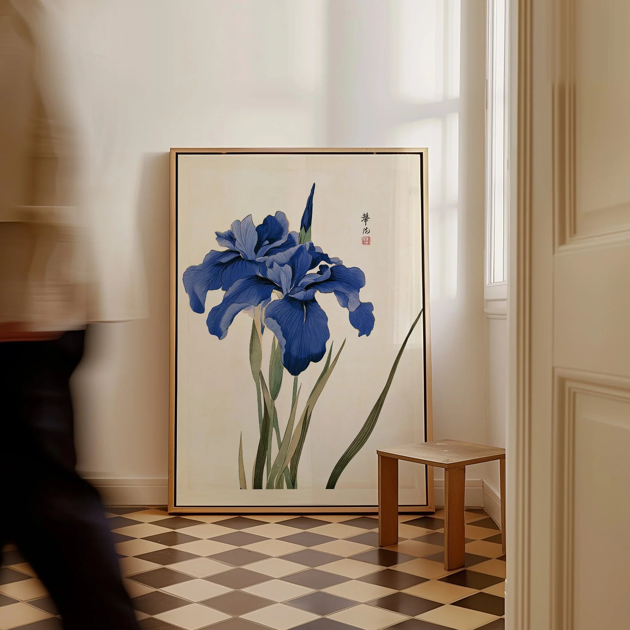 Japanese Iris Art Print – Vintage Japanese Flower Wall Art — framed canvas on floor man walking past