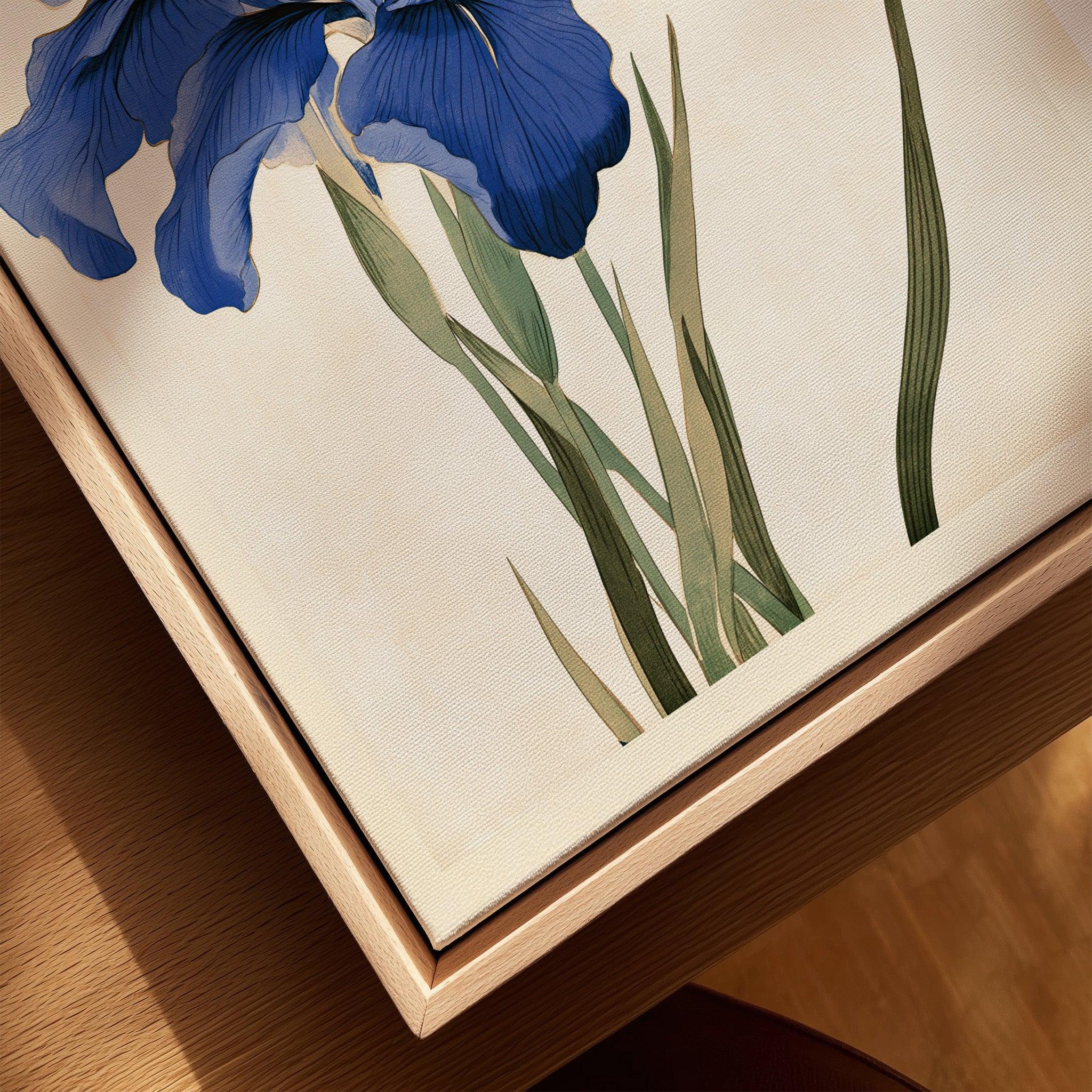Japanese Iris Art Print – Vintage Japanese Flower Wall Art — closeup framed canvas natural wood floating frame