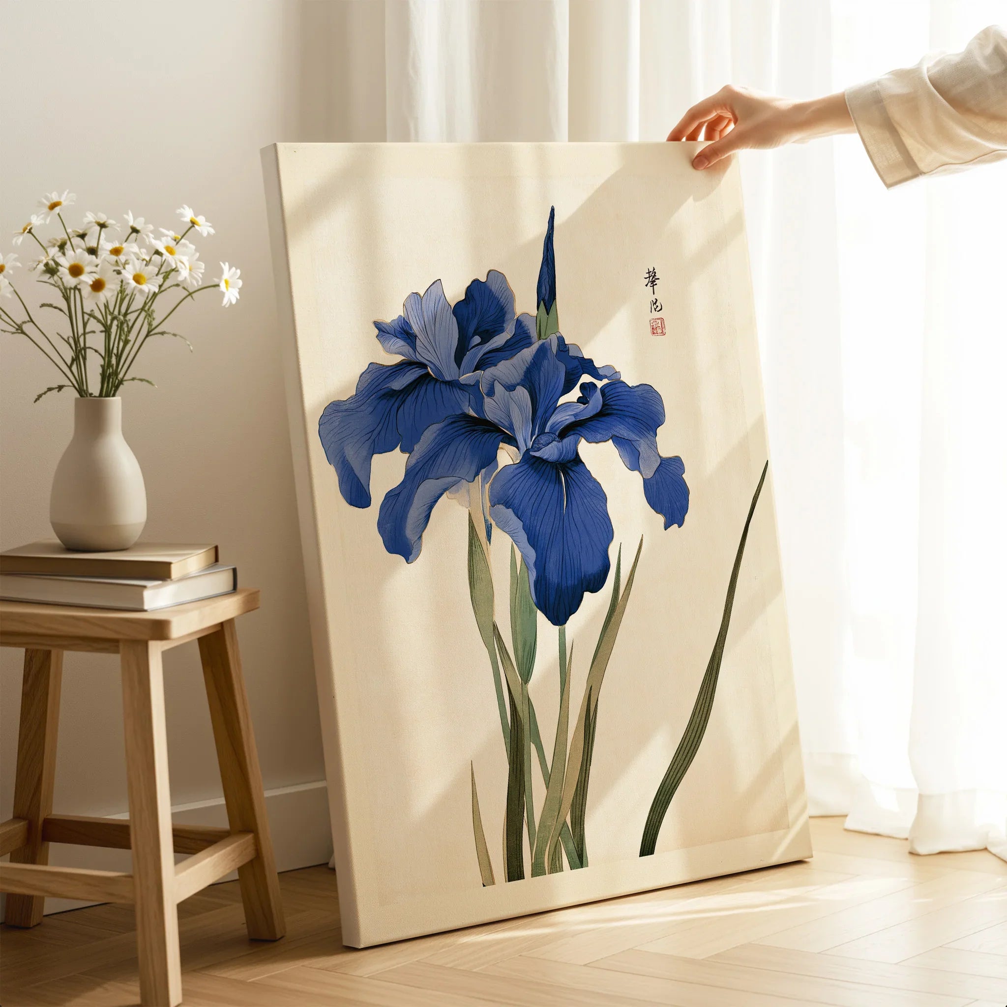 Japanese Iris Art Print – Vintage Japanese Flower Wall Art — canvas print mirror edge hand holding room setting