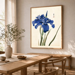 Japanese Iris Art Print – Vintage Japanese Flower Wall Art — dining room framed print natural wood frame