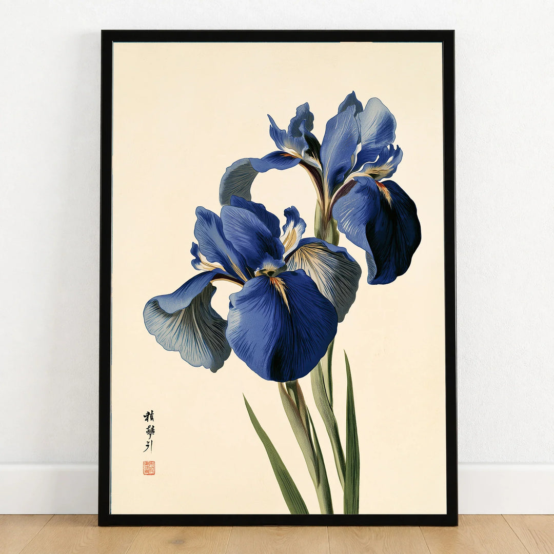 Japanese Blue Iris Wall Art – Vintage Botanical Print — art print in black frame on wooden floor