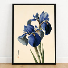Japanese Blue Iris Wall Art – Vintage Botanical Print — art print in black frame on wooden floor