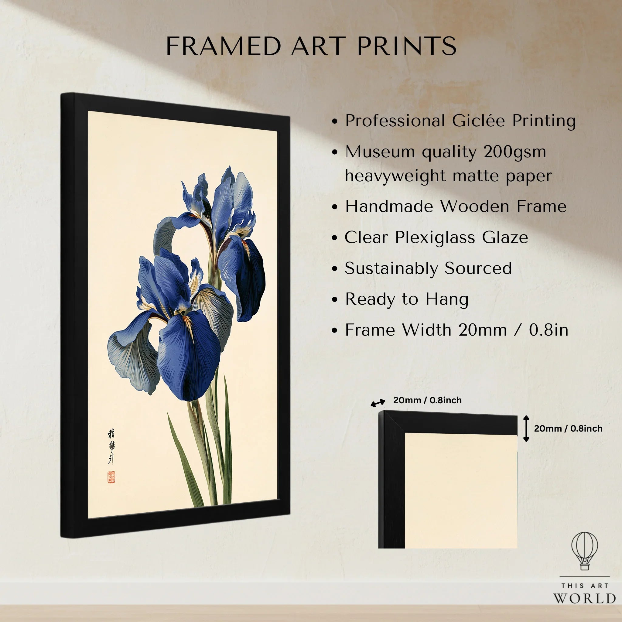 Japanese Blue Iris Wall Art – Vintage Botanical Print — framed print details measurements quality details