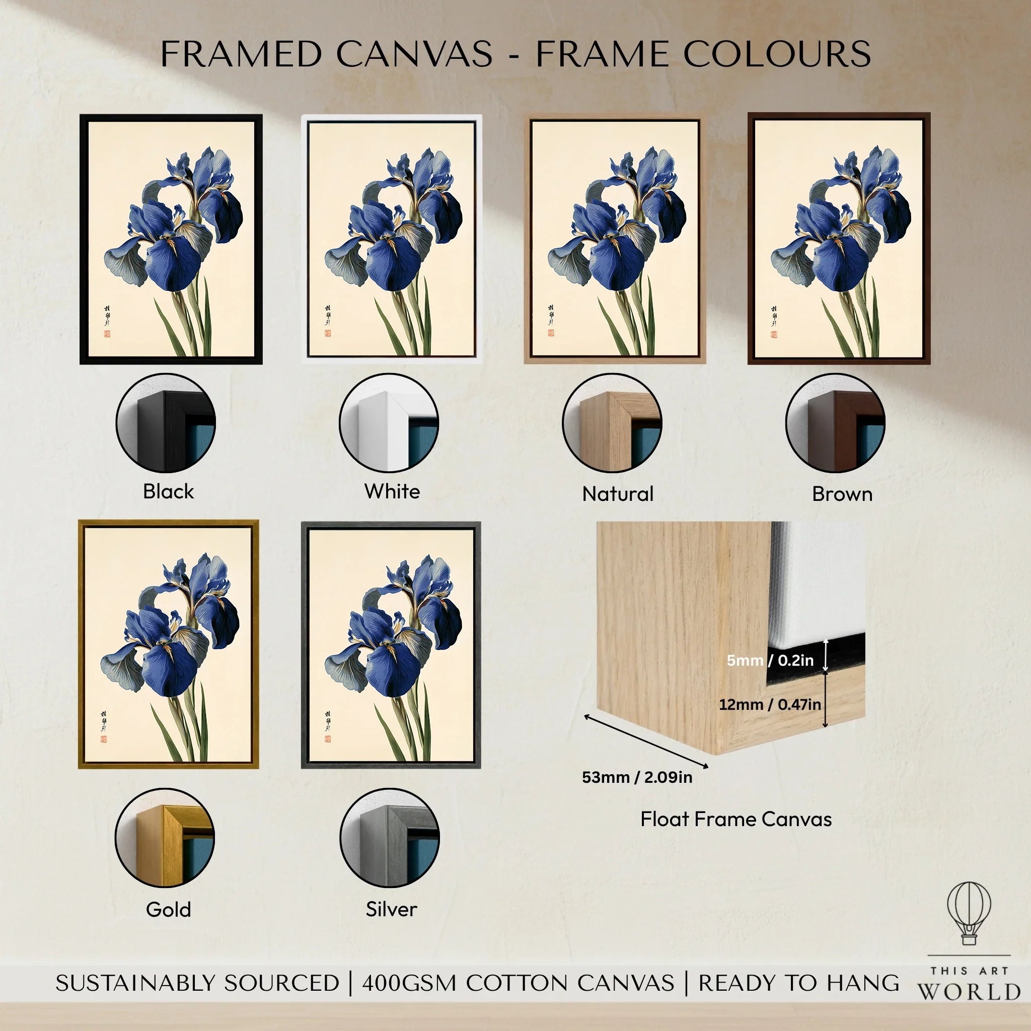 Japanese Blue Iris Wall Art – Vintage Botanical Print — framed canvas float frame colour options