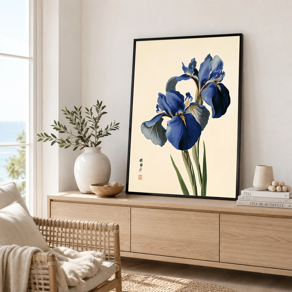 Japanese Blue Iris Wall Art – Vintage Botanical Print — framed artwork living room lifestyle setting