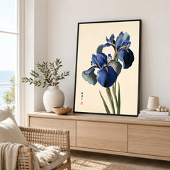Japanese Blue Iris Wall Art – Vintage Botanical Print — framed artwork living room lifestyle setting