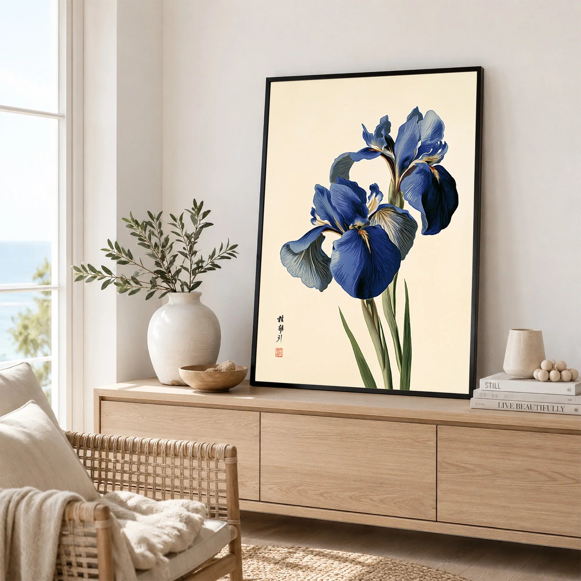 Japanese Blue Iris Wall Art – Vintage Botanical Print — framed artwork living room lifestyle setting