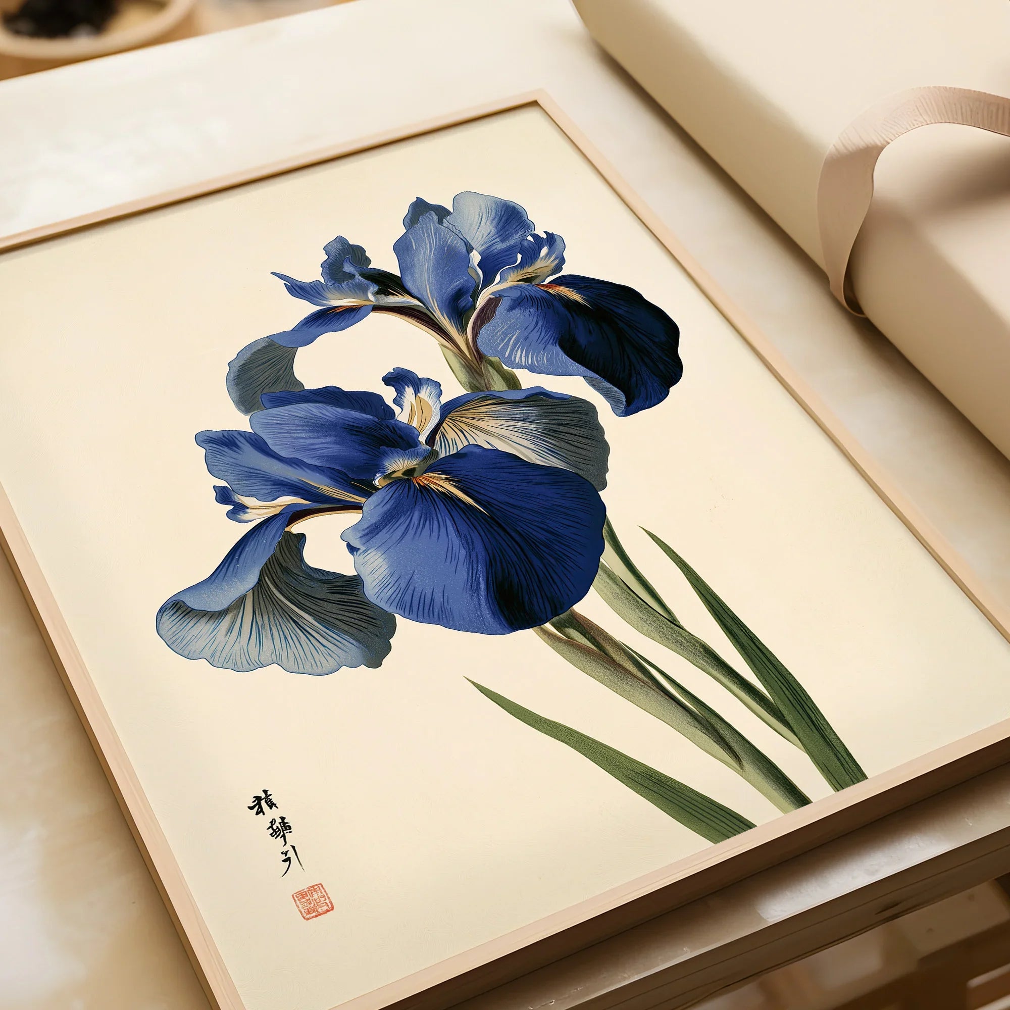 Japanese Blue Iris Wall Art – Vintage Botanical Print — framed art print closeup gift unwrapped natural frame