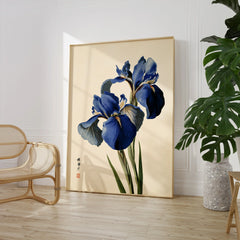 Japanese Blue Iris Wall Art – Vintage Botanical Print — large framed print room setting chair plant