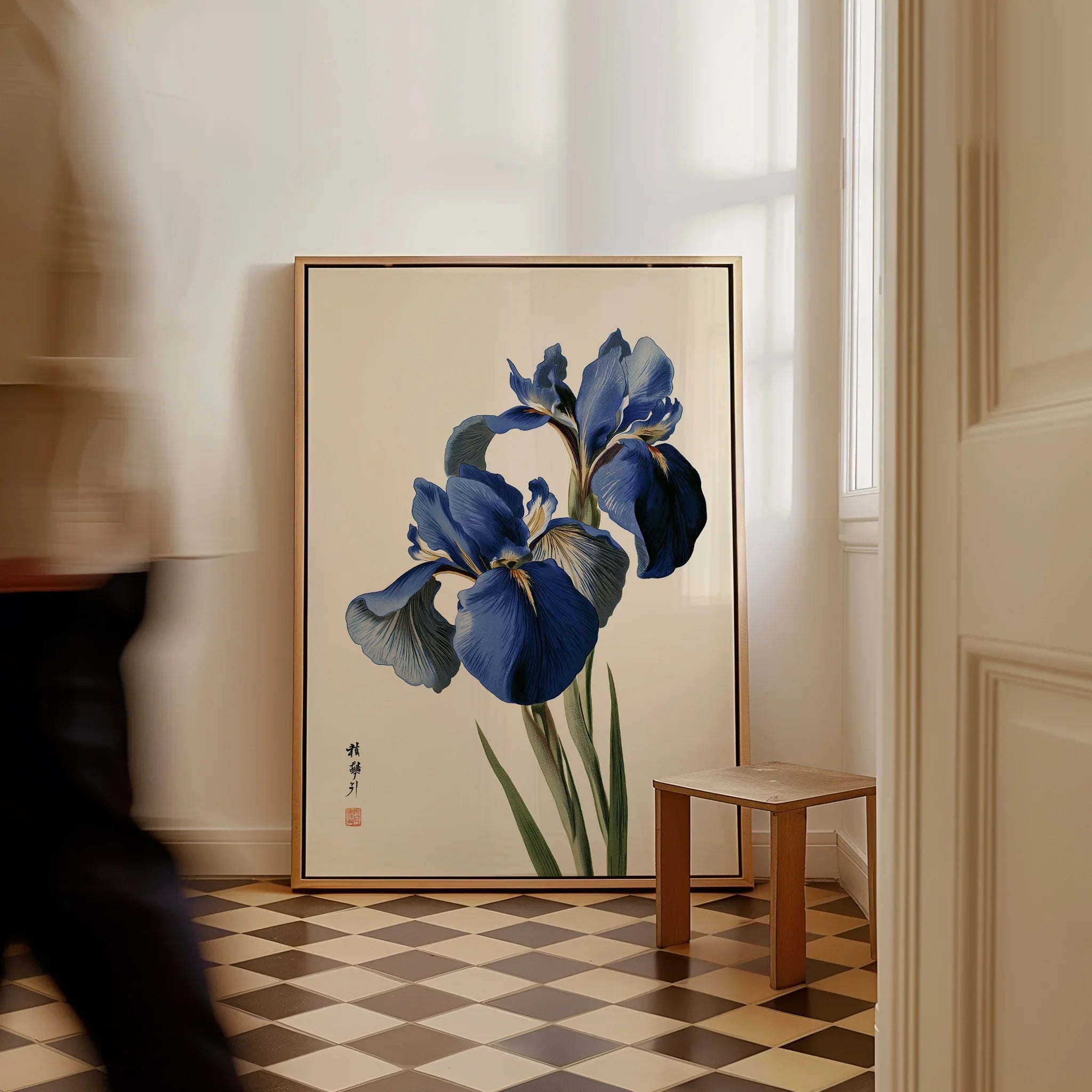 Japanese Blue Iris Wall Art – Vintage Botanical Print — framed canvas on floor man walking past