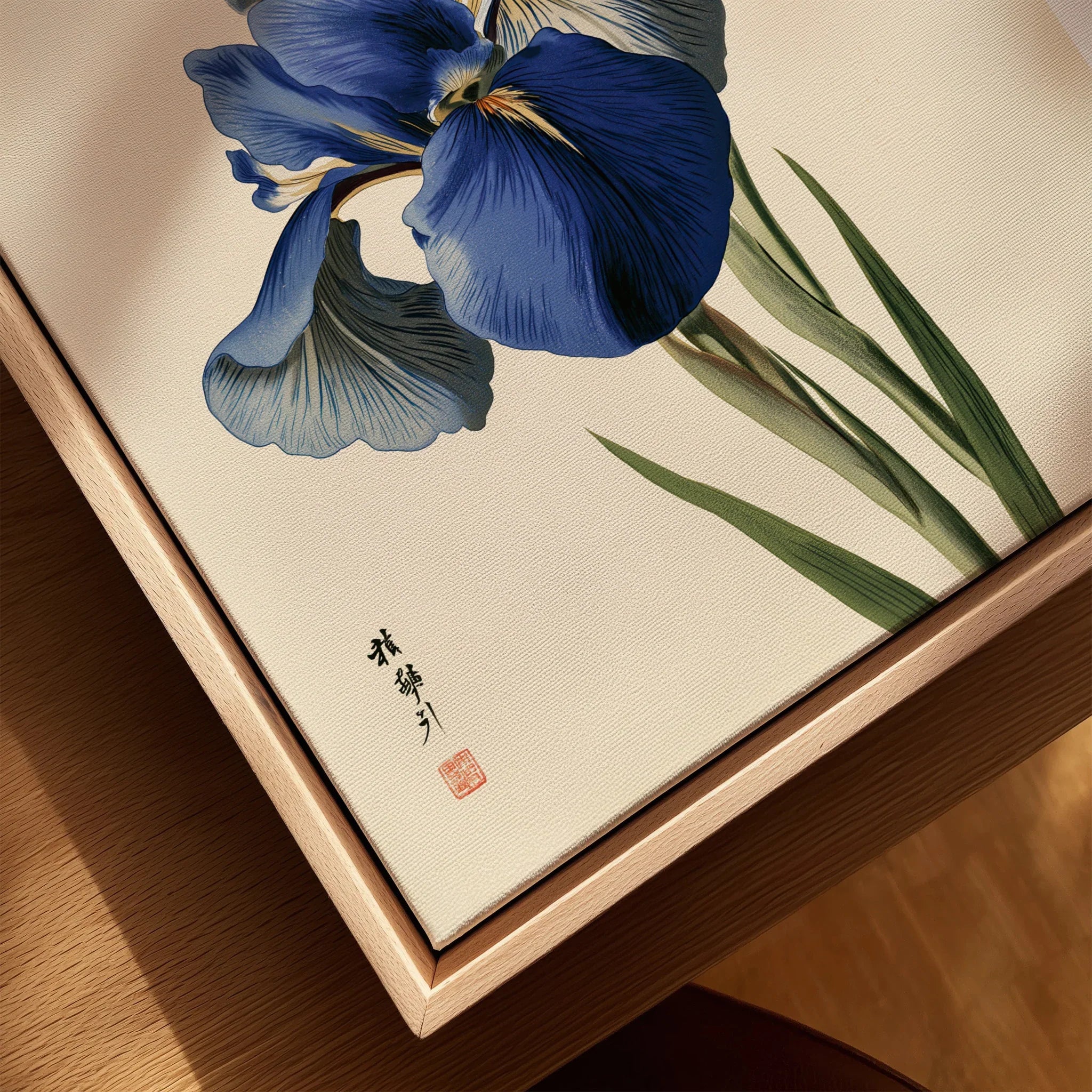 Japanese Blue Iris Wall Art – Vintage Botanical Print — closeup framed canvas natural wood floating frame