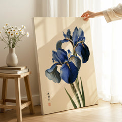 Japanese Blue Iris Wall Art – Vintage Botanical Print — canvas print mirror edge hand holding room setting