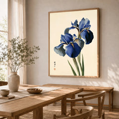 Japanese Blue Iris Wall Art – Vintage Botanical Print — dining room framed print natural wood frame