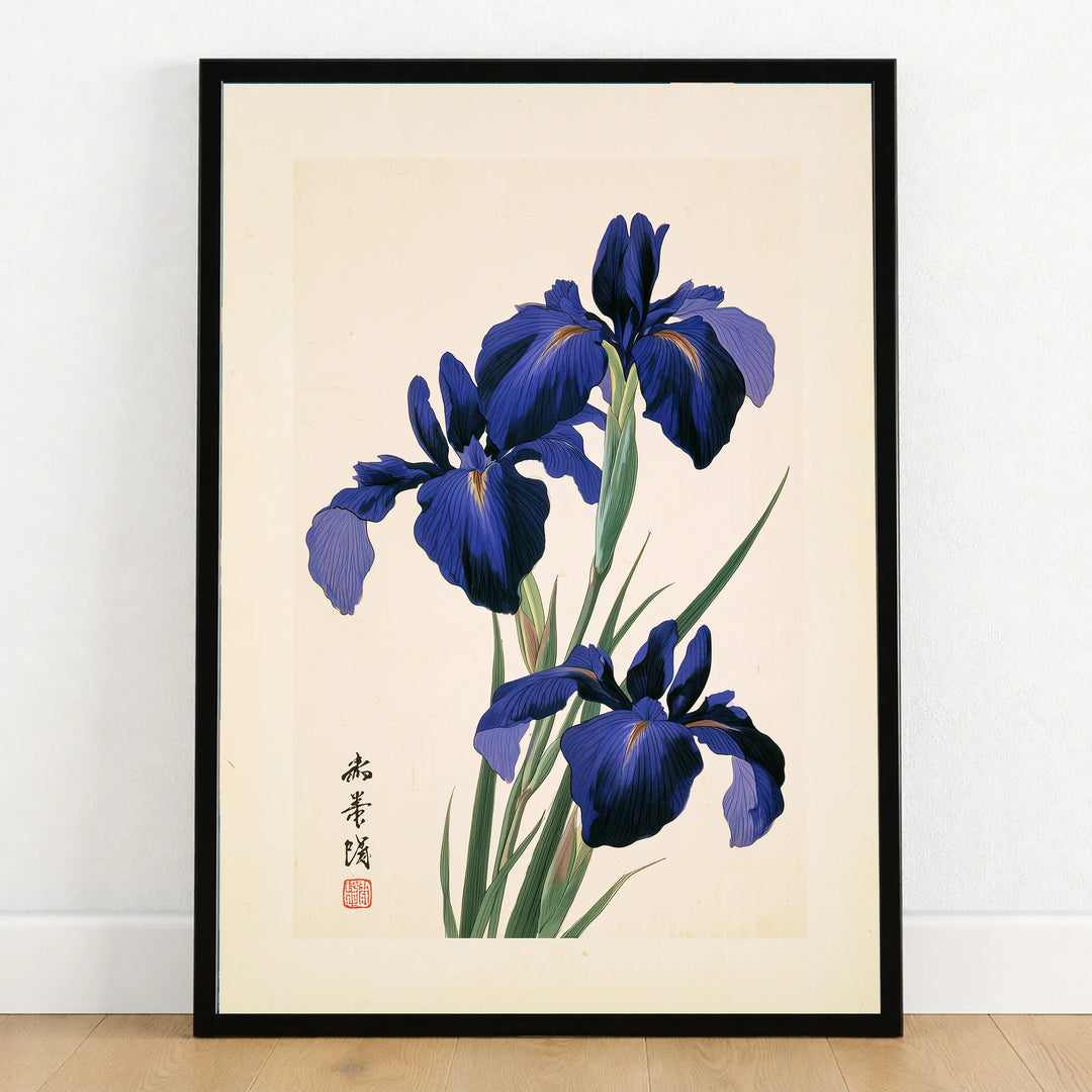 Japanese Iris Wall Art – Vintage Floral Art Print — art print in black frame on wooden floor