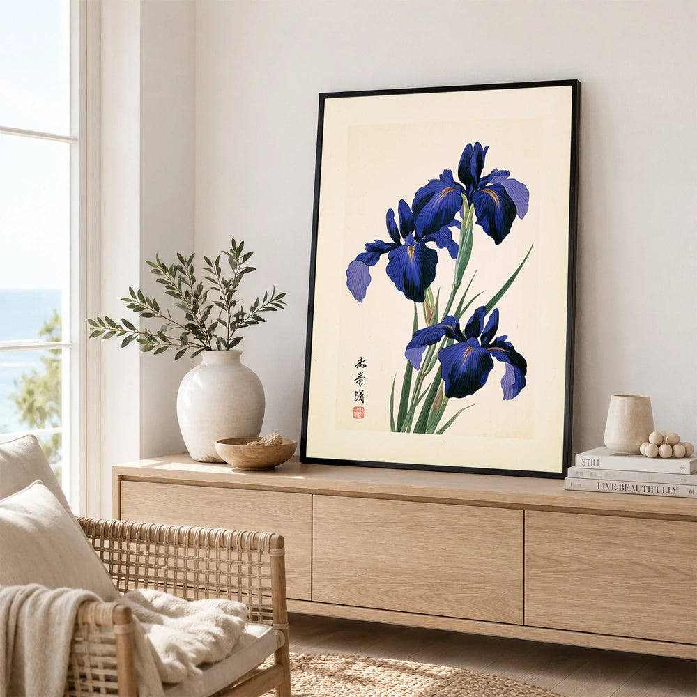 Japanese Iris Wall Art – Vintage Floral Art Print — framed artwork living room lifestyle setting