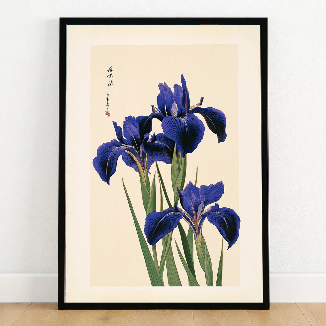 Japanese Iris Flower Print – Vintage Japan Botanical Art — art print in black frame on wooden floor