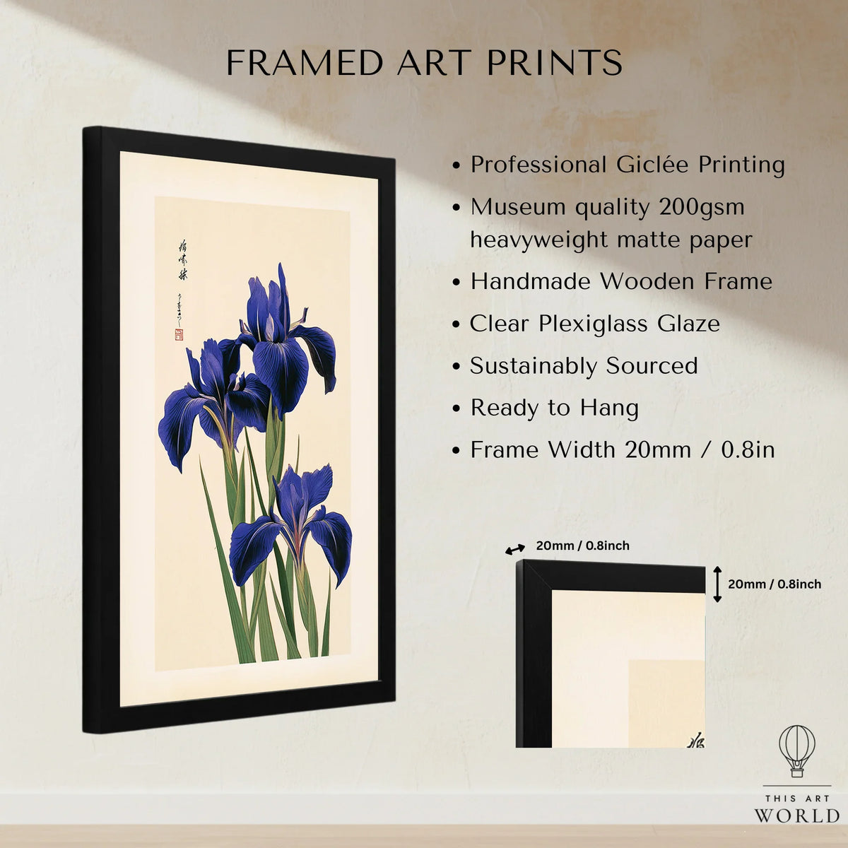 Japanese Iris Flower Print – Vintage Japan Botanical Art — framed print details measurements quality details