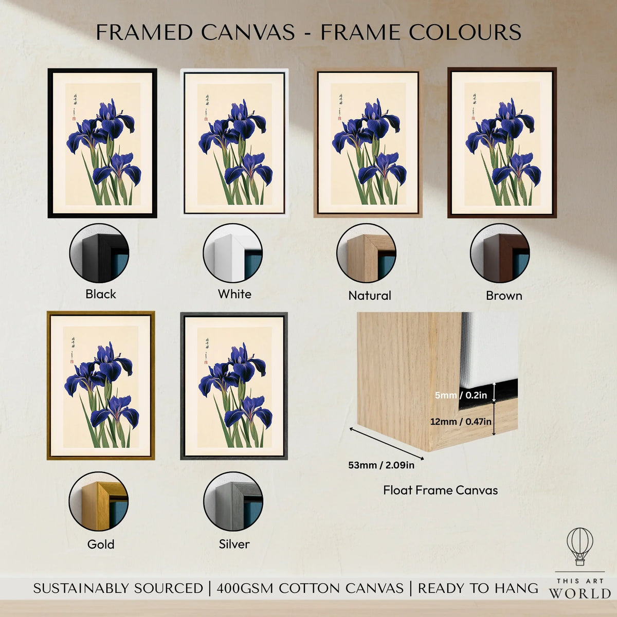 Japanese Iris Flower Print – Vintage Japan Botanical Art — framed canvas float frame colour options