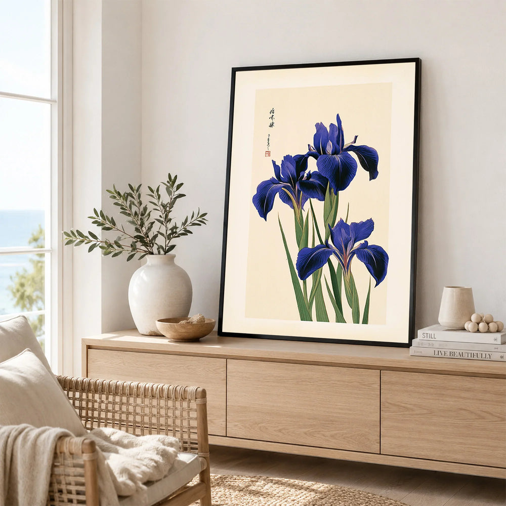 Japanese Iris Flower Print – Vintage Japan Botanical Art — framed artwork living room lifestyle setting