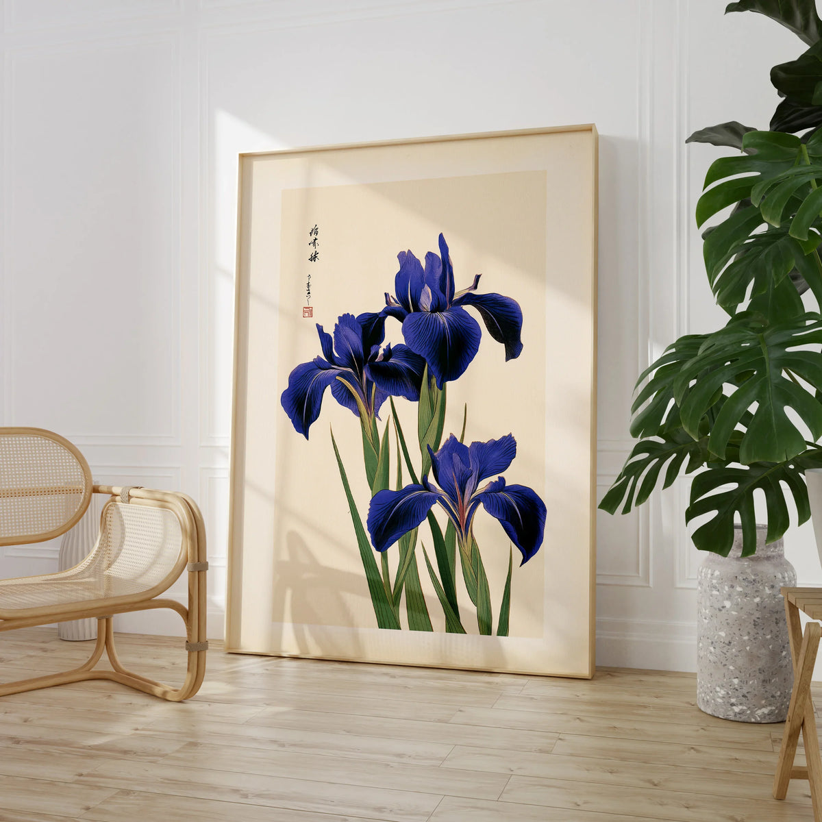 Japanese Iris Flower Print – Vintage Japan Botanical Art — large framed print room setting chair plant