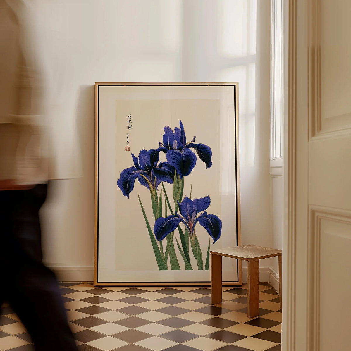 Japanese Iris Flower Print – Vintage Japan Botanical Art — framed canvas on floor man walking past
