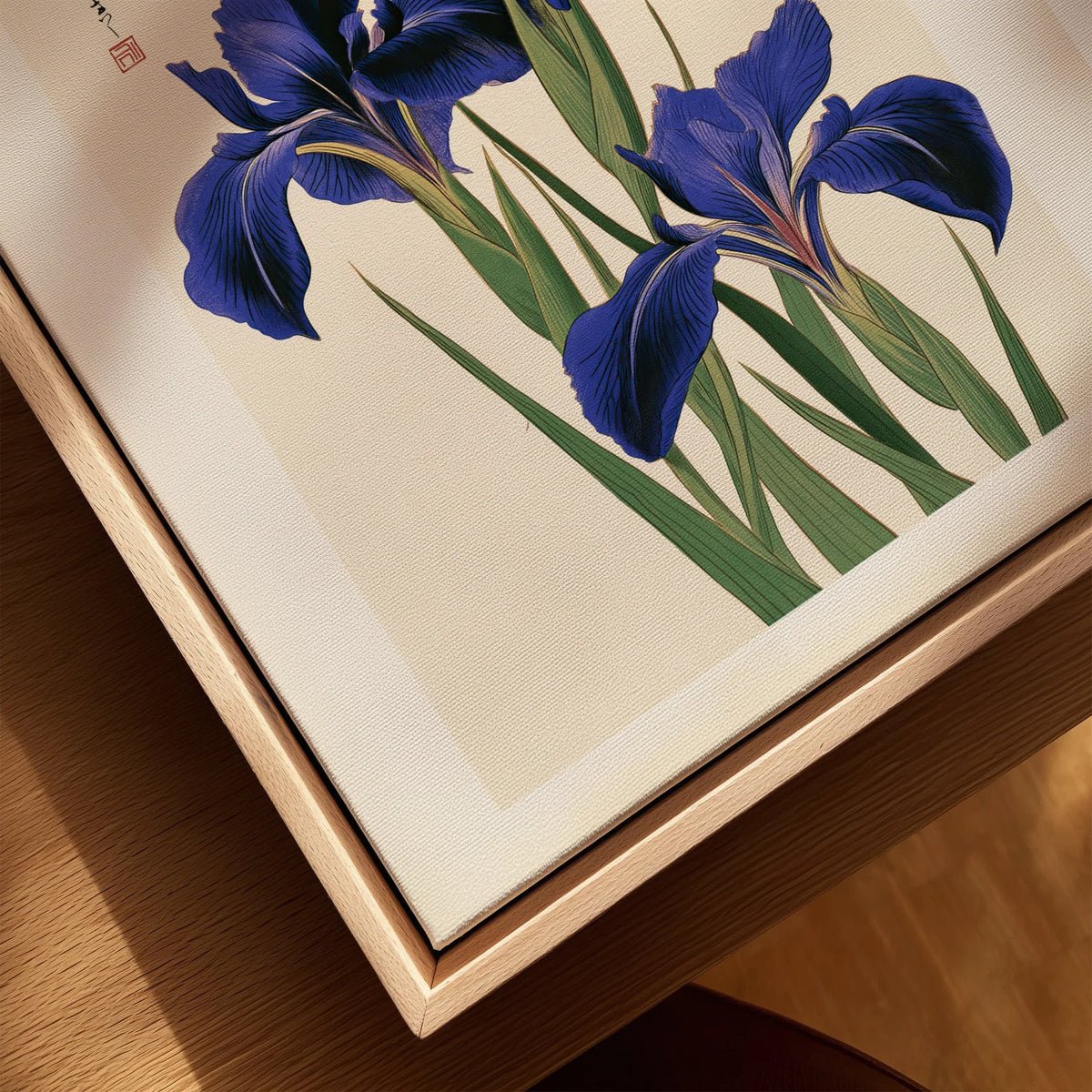 Japanese Iris Flower Print – Vintage Japan Botanical Art — closeup framed canvas natural wood floating frame