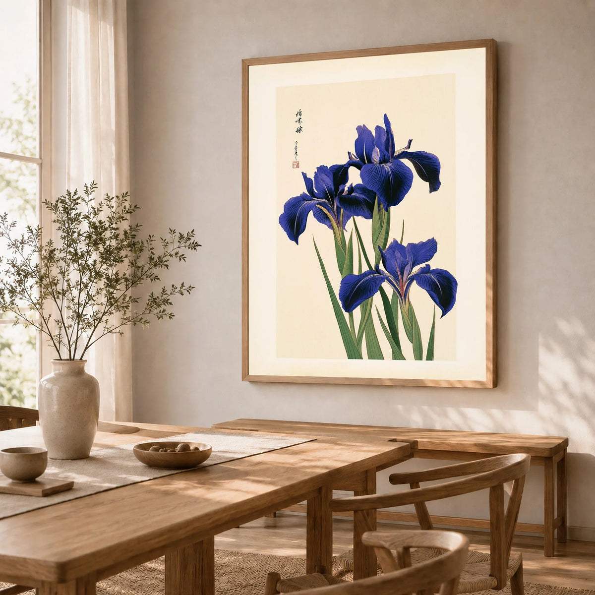 Japanese Iris Flower Print – Vintage Japan Botanical Art — dining room framed print natural wood frame