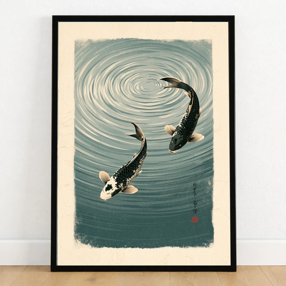 Japanese Koi Pond Wall Art – Vintage Fish Art Print — art print in black frame on wooden floor