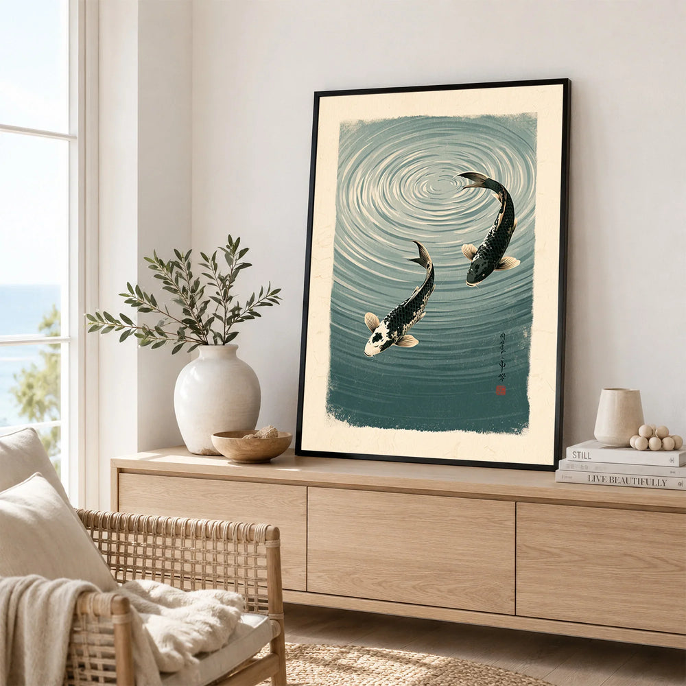 Japanese Koi Pond Wall Art – Vintage Fish Art Print — framed artwork living room lifestyle setting