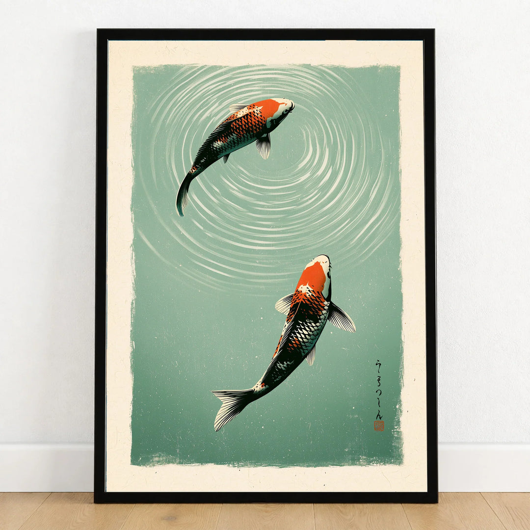 Japanese Koi Fish Art Print – Teal Vintage Wall Art — art print in black frame on wooden floor