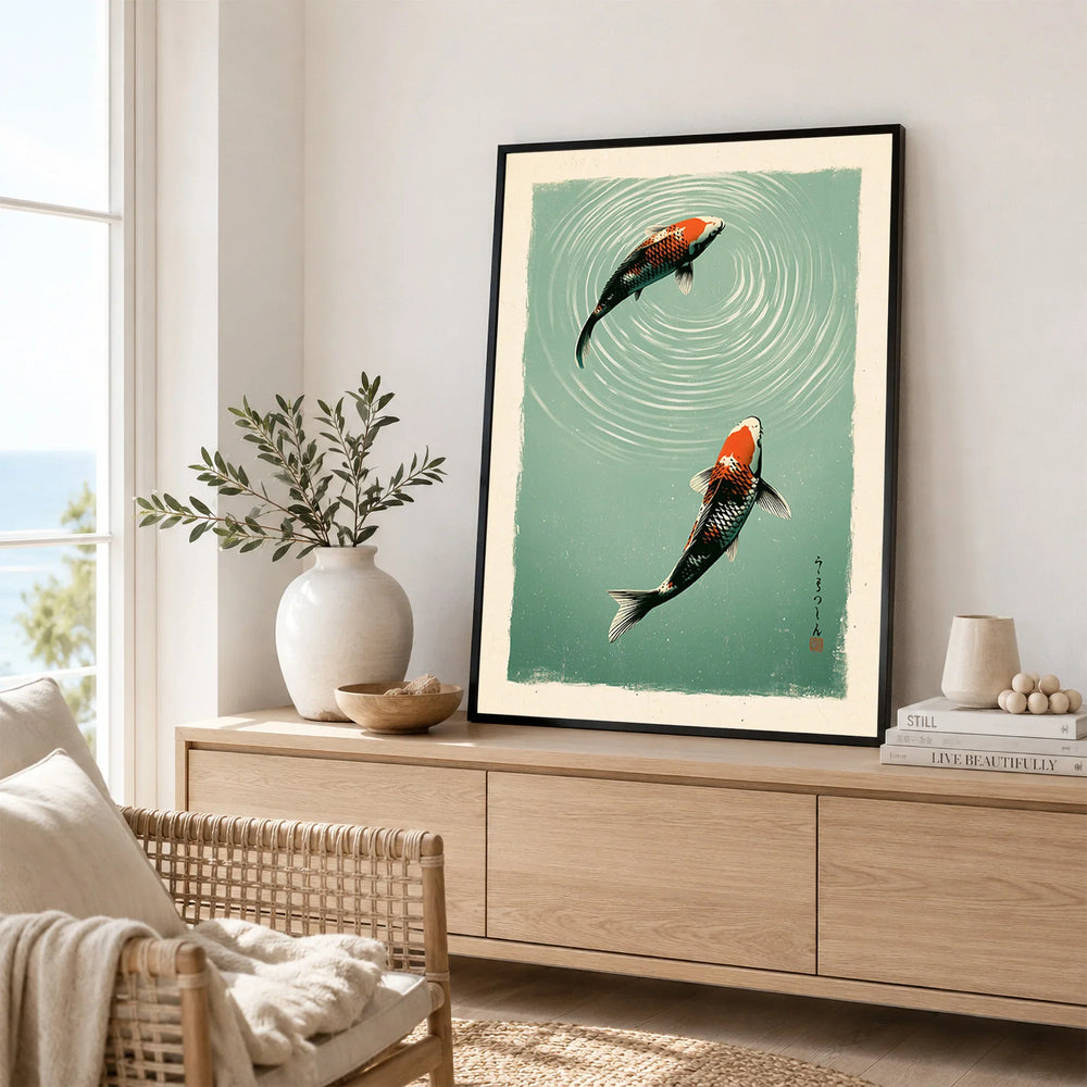 Japanese Koi Fish Art Print – Teal Vintage Wall Art — framed artwork living room lifestyle setting