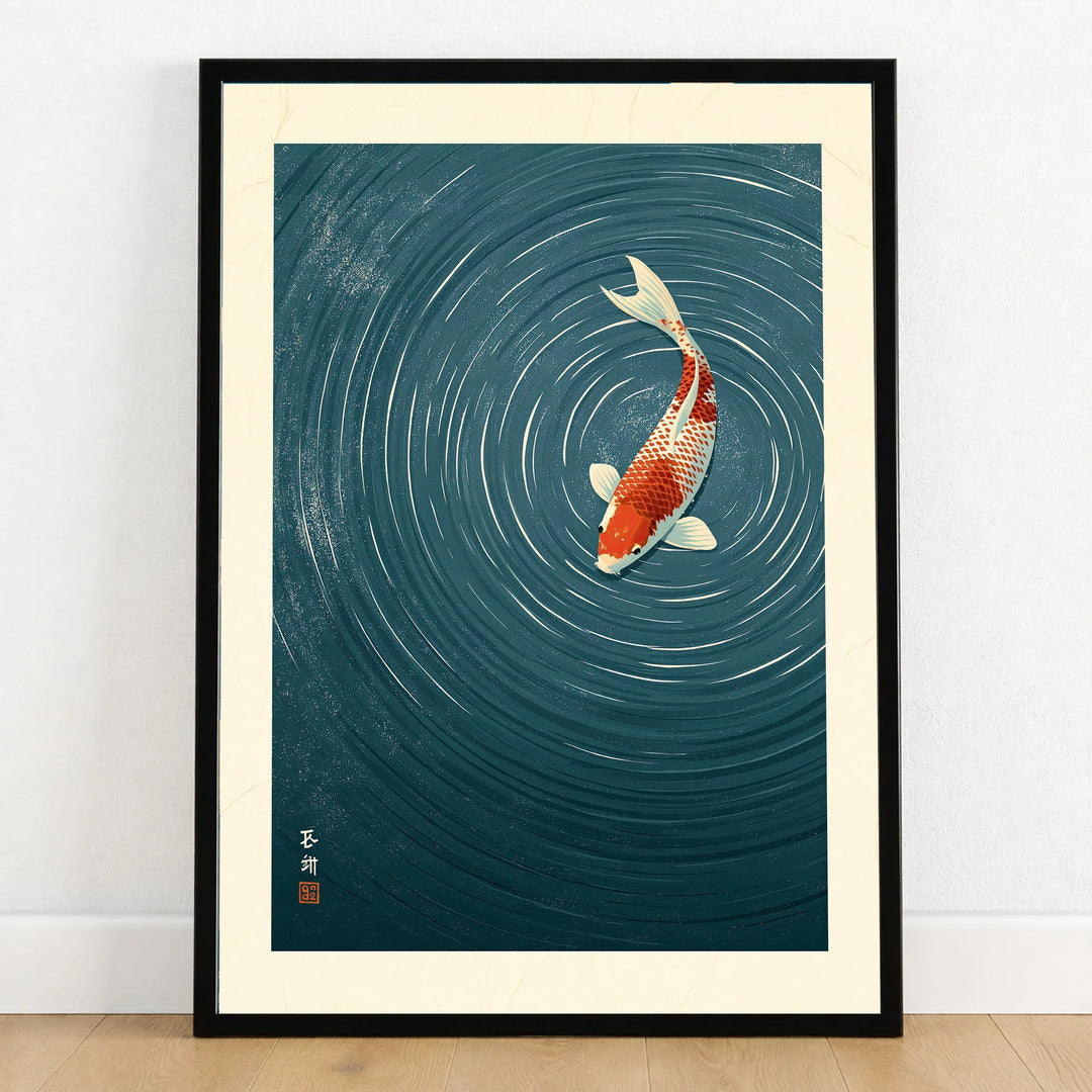 Japanese Koi Wall Art – Blue Minimalist Art Print — art print in black frame on wooden floor