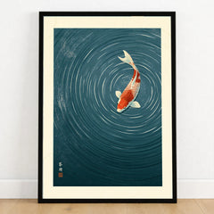 Japanese Koi Wall Art – Blue Minimalist Art Print — art print in black frame on wooden floor