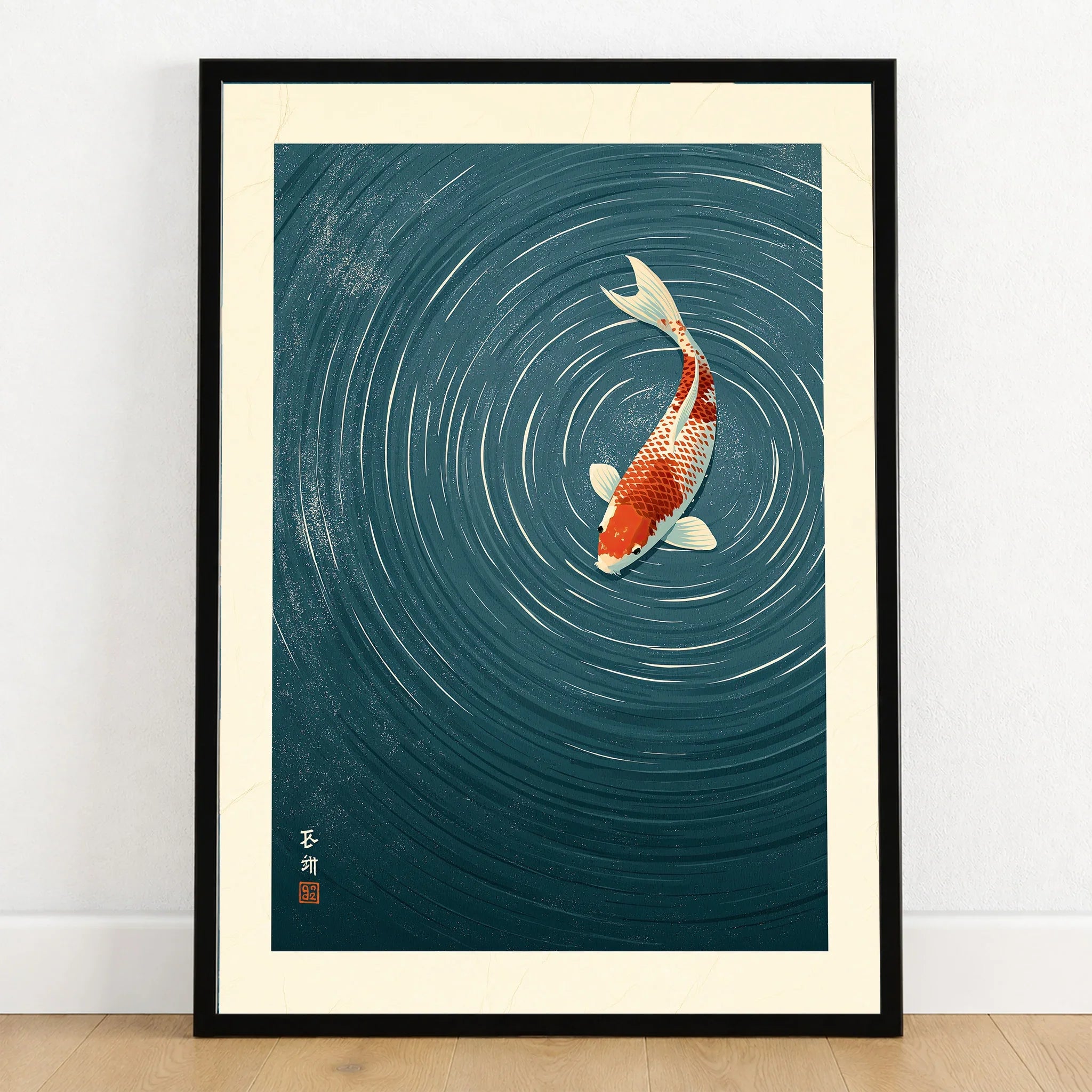 Japanese Koi Wall Art – Blue Minimalist Art Print — art print in black frame on wooden floor