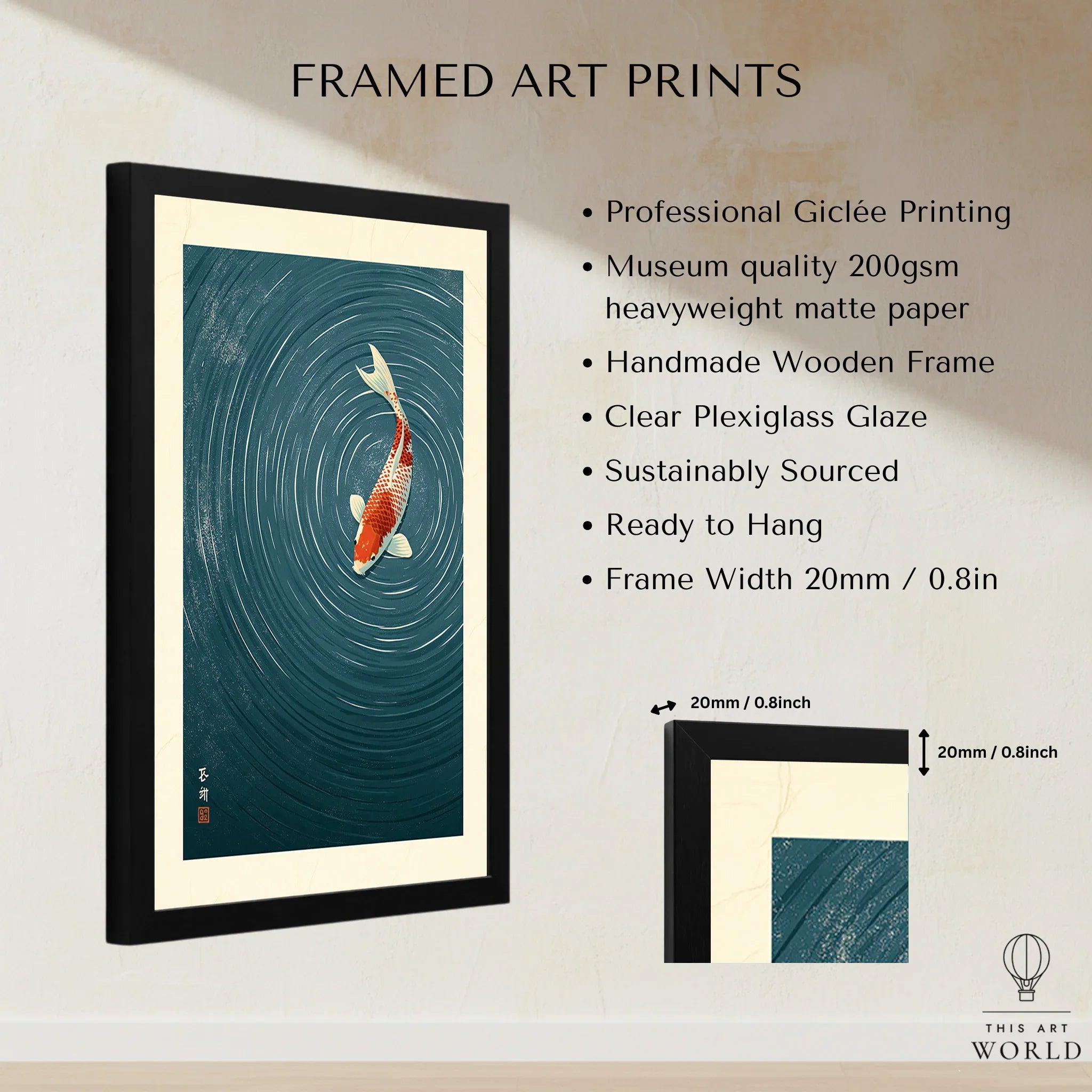 Japanese Koi Wall Art – Blue Minimalist Art Print — framed print details measurements quality details