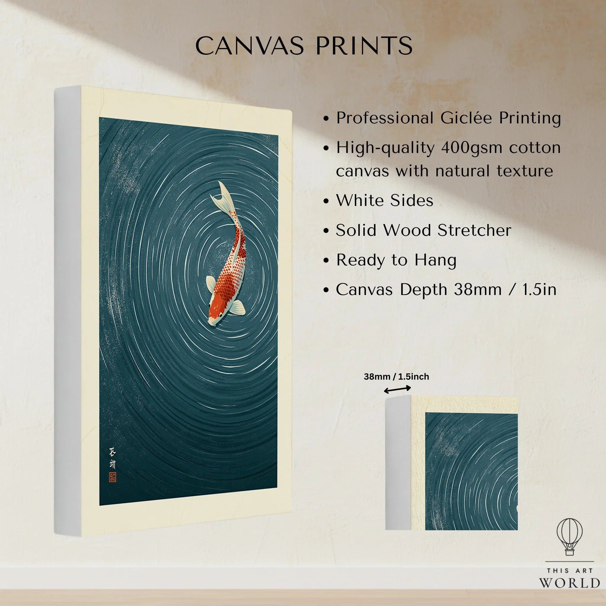 Japanese Koi Wall Art – Blue Minimalist Art Print — canvas print stretched cotton canvas details