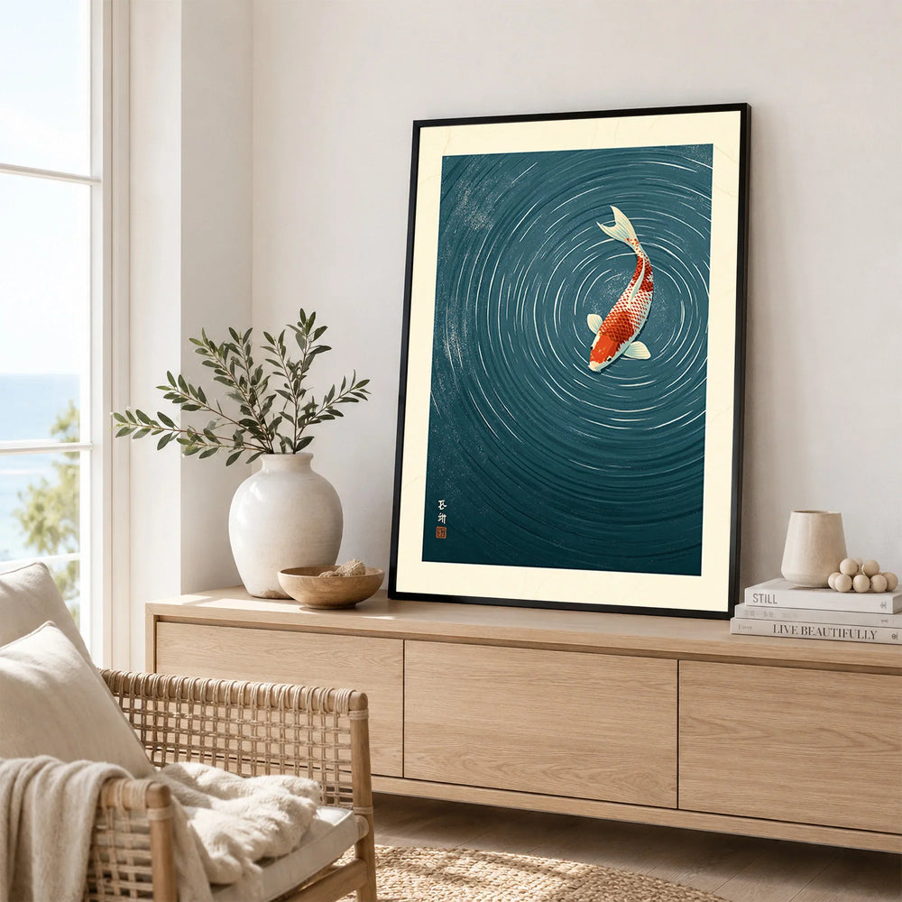 Japanese Koi Wall Art – Blue Minimalist Art Print — framed artwork living room lifestyle setting