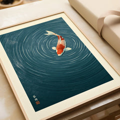 Japanese Koi Wall Art – Blue Minimalist Art Print — framed art print closeup gift unwrapped natural frame