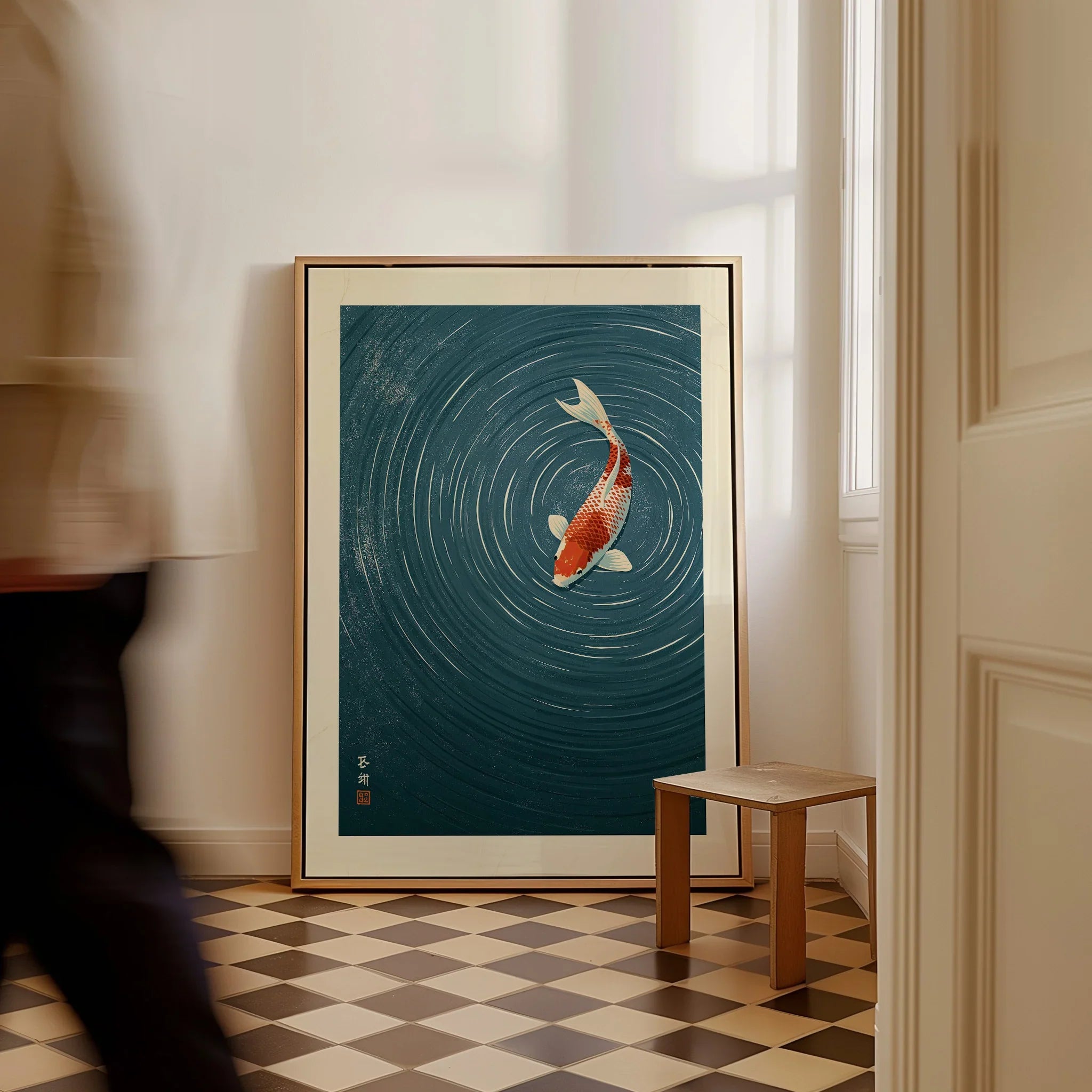 Japanese Koi Wall Art – Blue Minimalist Art Print — framed canvas on floor man walking past