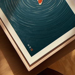 Japanese Koi Wall Art – Blue Minimalist Art Print — closeup framed canvas natural wood floating frame