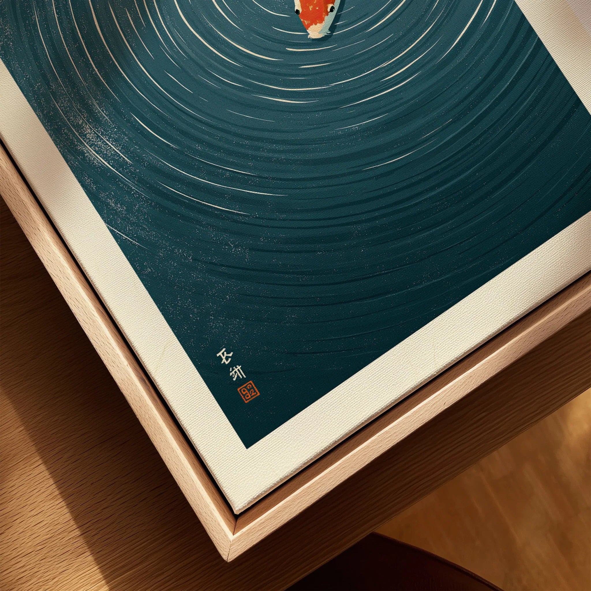 Japanese Koi Wall Art – Blue Minimalist Art Print — closeup framed canvas natural wood floating frame