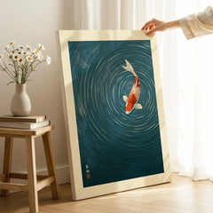 Japanese Koi Wall Art – Blue Minimalist Art Print — canvas print mirror edge hand holding room setting