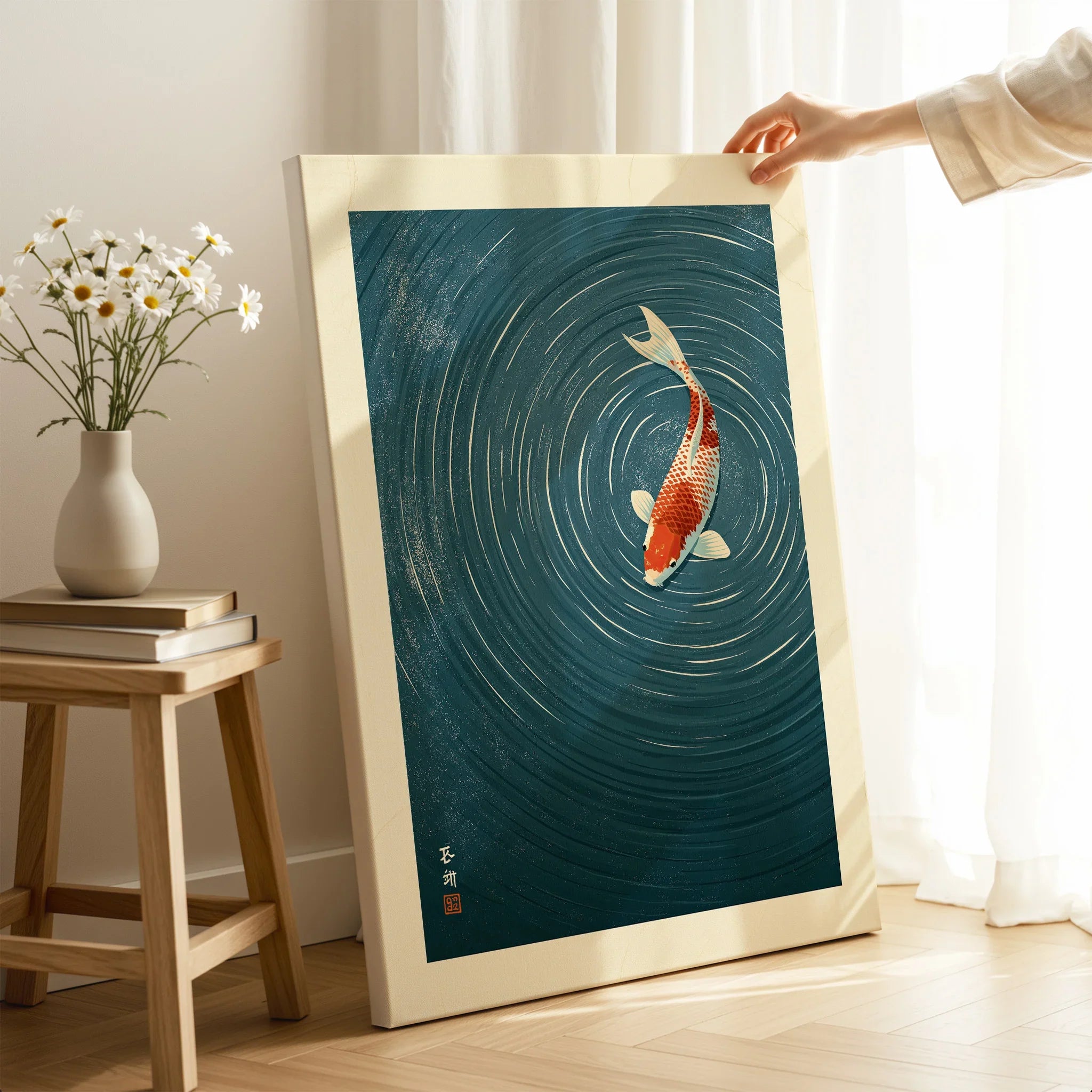 Japanese Koi Wall Art – Blue Minimalist Art Print — canvas print mirror edge hand holding room setting