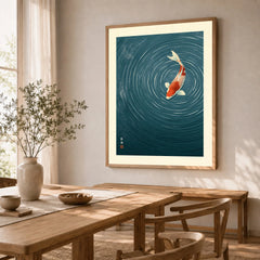 Japanese Koi Wall Art – Blue Minimalist Art Print — dining room framed print natural wood frame